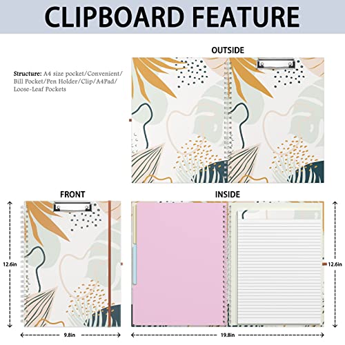 Rimilak Spiral Clipboard Folio with Refillable Lined Notepad, 14.5 x 9.8 In, Hardcover Cover with 5 Interior Pockets, Elastic Band and Pen Loop Series. Cute Stylish Clipfolio, Bohe Leaves - color: Bohe Leaves