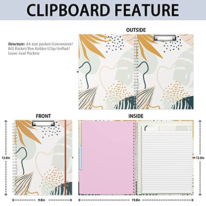Rimilak Spiral Clipboard Folio with Refillable Lined Notepad, 14.5 x 9.8 In, Hardcover Cover with 5 Interior Pockets, Elastic Band and Pen Loop Series. Cute Stylish Clipfolio, Bohe Leaves - color: Bohe Leaves
