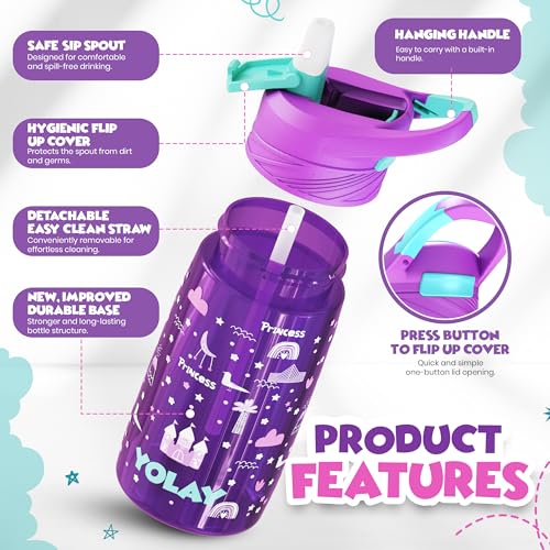 YOLAY 15oz Kids Water Bottle For School Boys and Girls, Durable Toddler Water Bottle with Straw Lid Leak-Proof, Spill Proof, Easy Clean and Dishwasher Safe with Re-Usable and BPA Free - Princess - color: Princess
