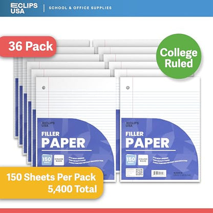 Loose Leaf Paper College Ruled Notebook Paper College Ruled Lined Writing Filler Paper 10.5” x 8” 5400 Sheets 150 Sheets Per Pack 60 gsm (36 Pack) - size: 36 Pack