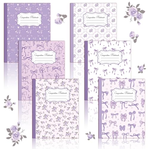 6 Pack Purple Bow Composition Notebooks, Cute Preppy Coquette Notebook, 9-3/4 x 7-1/2" Aesthetic College Ruled Journal, Back to School Gifts Preppy School Supplies, 110 Pages - color: Purple