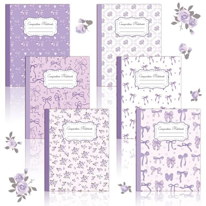 6 Pack Purple Bow Composition Notebooks, Cute Preppy Coquette Notebook, 9-3/4 x 7-1/2" Aesthetic College Ruled Journal, Back to School Gifts Preppy School Supplies, 110 Pages - color: Purple