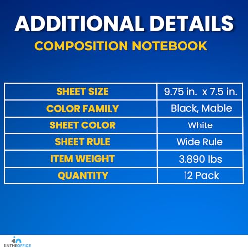 1InTheOffice Composition Notebook Wide Ruled, Black Marble, 100 Sheets, 9.75" x 7.5", Durable Sewn Binding, Bulk 12‑Pack