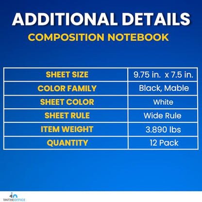 1InTheOffice Composition Notebook Wide Ruled, Black Marble, 100 Sheets, 9.75" x 7.5", Durable Sewn Binding, Bulk 12‑Pack