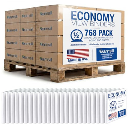 Samsill Economy 0.5 Inch 3 Ring Binder Bulk Pallet, Round Ring Binder, Customizable Clear View Cover, White, Pallet of 768 Binders in 32 Cartons - color: White, size: Pallet, style: 0.5-Inch