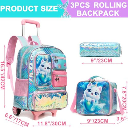 Meetbelify Cute Cat Rolling Backpack for Girls Backpack with Wheels for Elementary Student Kids School Bag with Lunch Box Pencil Case for Girls Ages 6-8 Years Old - color: Cat Mermaid