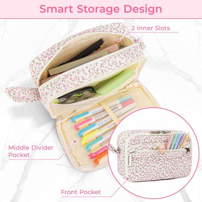 WOBAGMEN 62PCS Aesthetic School Supplies with Quilted Pencil Case, Pastel Highlighters, Gel Pens Mechanical Pencils Set, Cute Back to School Supplies, College Essentials(Pink Floral, M) - color: Pink Floral