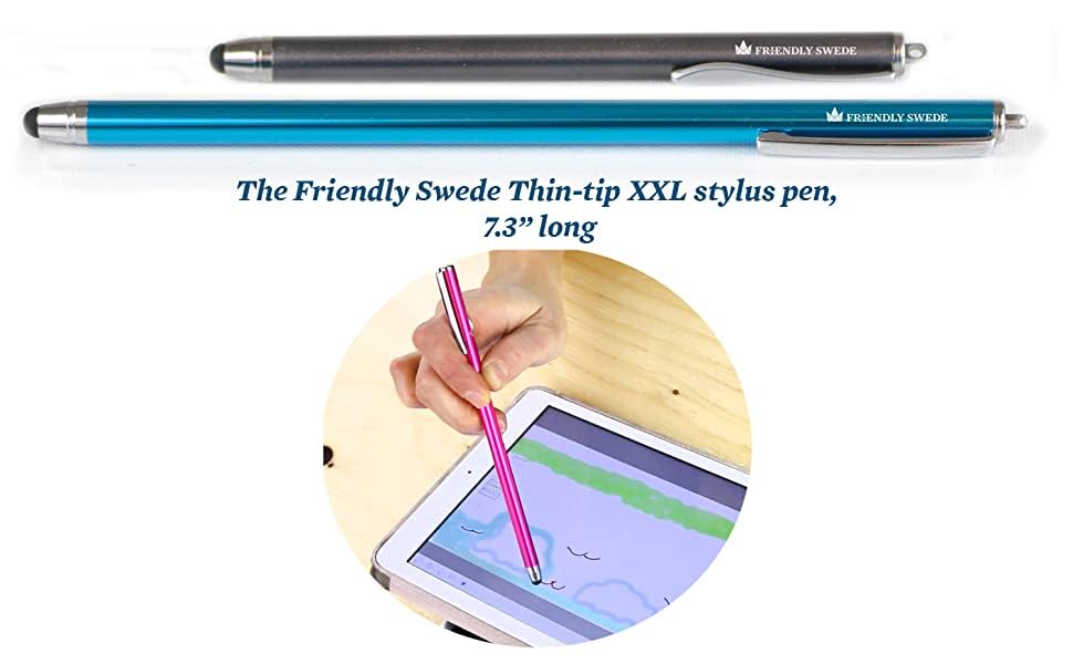 The Friendly Swede Extra Long Stylus Pen for Touchscreen — Set of 3 Thin-Tip High Precision Capacitive 7.3" Stylus Pens - Including Elastic Lanyards, 3 Replaceable Tips & Cleaning Cloth - Black - color: Black