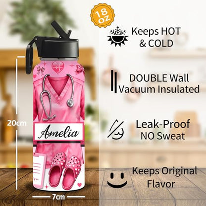 Personalized Insulated Nurse Water Bottle Custom 18oz 32oz Stainless Steel with Lid Name Nursing Student Graduation Gifts for Nurse Week Hospital Staff Appreciation Birthday Healthcare Worker - color: Design-3