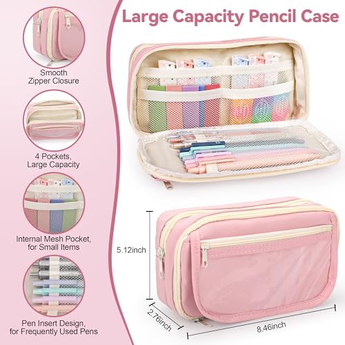 DazSpirit 61PCS Aesthetic College School Supplies Set with Cute Pencil Case | Pastel No Bleed Highlighters, Gel & Erasable Pens, Mechanical Pencils, Refills & Sticky Notes, Complete Stationery Kit - color: Pink