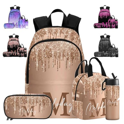 Custom Backpack for Kids, Personalized Golden Sparkle Glitter Initial Bag Schoolbag Casual Daypack Customized Name Lunch Box Bag Travel Laptop Bag Backpack for Daughter Son Teens Travel Picnic - color: Multi 16