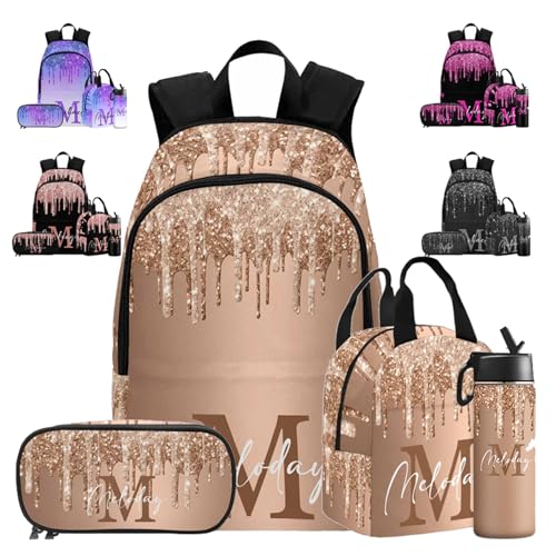 Custom Backpack for Kids, Personalized Golden Sparkle Glitter Initial Bag Schoolbag Casual Daypack Customized Name Lunch Box Bag Travel Laptop Bag Backpack for Daughter Son Teens Travel Picnic - color: Multi 16