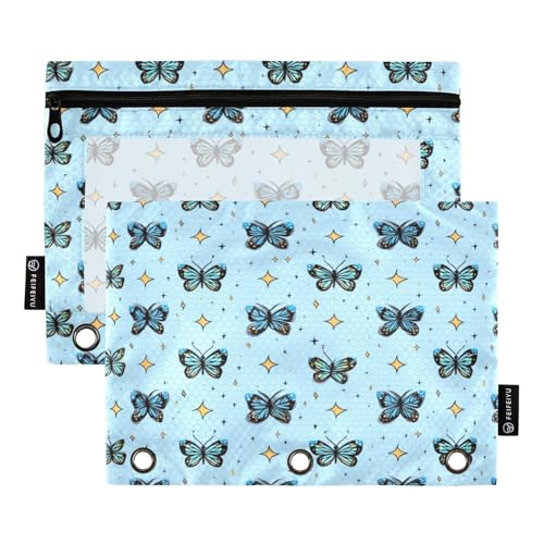 Pencil Pouch for 3 Ring Binder Blue Butterfly Star Clear Window Stationery Bag Pencil Case 2 Pack for Office School Supplies - color: Blue Butterfly