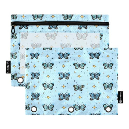 Pencil Pouch for 3 Ring Binder Blue Butterfly Star Clear Window Stationery Bag Pencil Case 2 Pack for Office School Supplies - color: Blue Butterfly