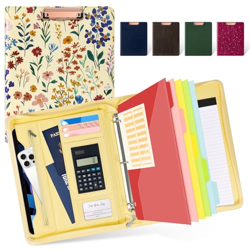 Ospelelf Leather Clipboard Binder with Storage - 3 Ring Zippered Padfolio Portfolio Folder - Calculator, 12.1” Tablet Sleeve, 5 Dividers with Pocket, Refillable Notepad, Card Slot (Floral) - color: Floral
