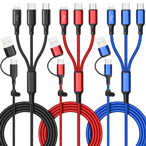 Ankndo 6 in 1 Multi Charging Cable [3Pack 4FT] Multi Charger Cable for All Devices, Universal Fast Multi Chargers Cord USB A/C to i-P/Type C//Micro USB Ports for Phone 17-11/Samsung/Tablets/PS - color: Black/Blue/Red