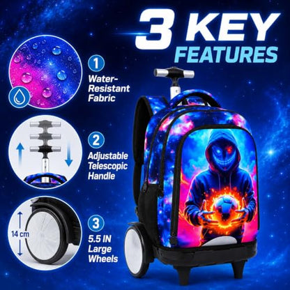 UFNDC Big Wheel Roller Bag, Water-Resistant Rolling Backpack for Boys with Lunch Box & Pencil Case, 3-Pack Kids Wheeled School Bookbag Travel Set - Devil Soccer - color: Rolling Backpack Devil Soccer Blue