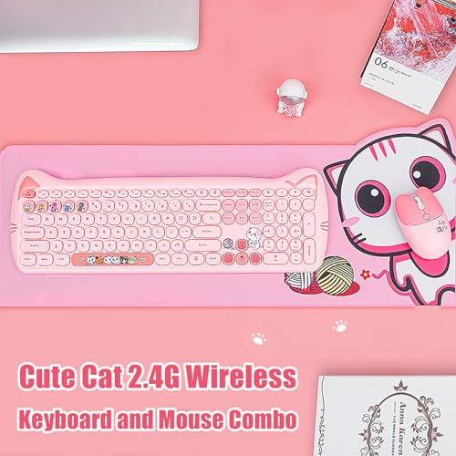 Cute Cat 2.4G USB Wireless Keyboard and Mouse Combo, Silent Keys, Candy Colors, Compatible with Notebook, PC (Pink-110Keys) - color: Pink-110Keys