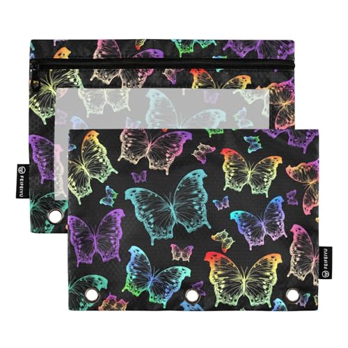 Butterfly Pencil Pouches Bags for 3 Ring Binder, 2 Pack Zipper Stationery Bag with Clear Window 3 Hole Pencil Case for School Office Home - color: Butterfly