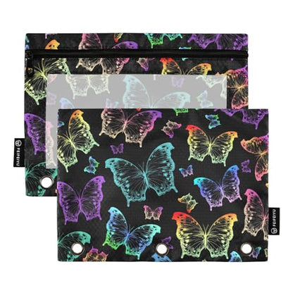 Butterfly Pencil Pouches Bags for 3 Ring Binder, 2 Pack Zipper Stationery Bag with Clear Window 3 Hole Pencil Case for School Office Home - color: Butterfly