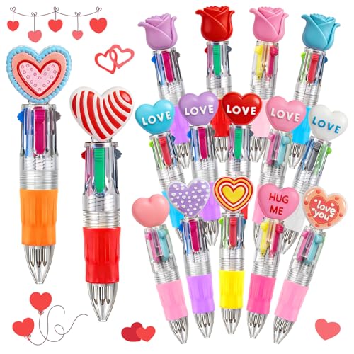 16Pcs 4 in 1 Mini Valentines Multicolor Ballpoint Pens | Cartoon Cutek Retractable Ballpoint Pen 0.7mm for Home Office Stationery or Fun - style: MiniValentinesBallpointPens16Pcs
