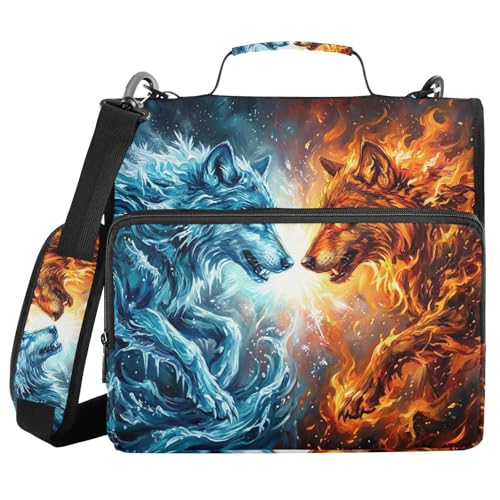 Fire Ice Wolf Pattern 3 Ring Zipper Binder with Shoulder Strap & Handle 2 Inch D-Ring Zippered Binder Bag with Multiple Pocket & Pencil Pouch, Binder Organizer for School or Office - color: Fire Ice Wolf