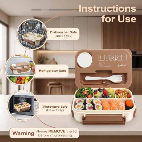 Bento Box Adult Lunch Box, Lunch Containers for Adults 44.5 Oz/5 Cup, Khaki | BPA-Free, Lid-Top Sauce Tray, Leak-Proof, 1300mL, Removable Silicone Sealing Ring, Lid-Top Utensil Slot with Included Cutlery - color: Khaki