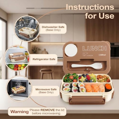 Bento Box Adult Lunch Box, Lunch Containers for Adults 44.5 Oz/5 Cup, Khaki | BPA-Free, Lid-Top Sauce Tray, Leak-Proof, 1300mL, Removable Silicone Sealing Ring, Lid-Top Utensil Slot with Included Cutlery - color: Khaki