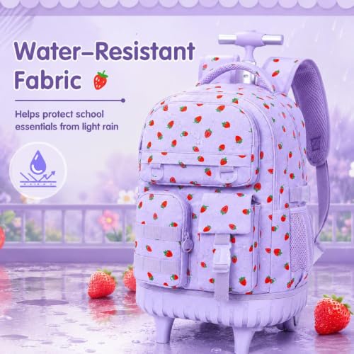 CCJPX 3Pcs Rolling Backpack for Girls, Roller Wheeled School Bookbag, Strawberryra Wheels Backpacks with Lunch Box for Kids (Purple) - color: Strawberry Purple