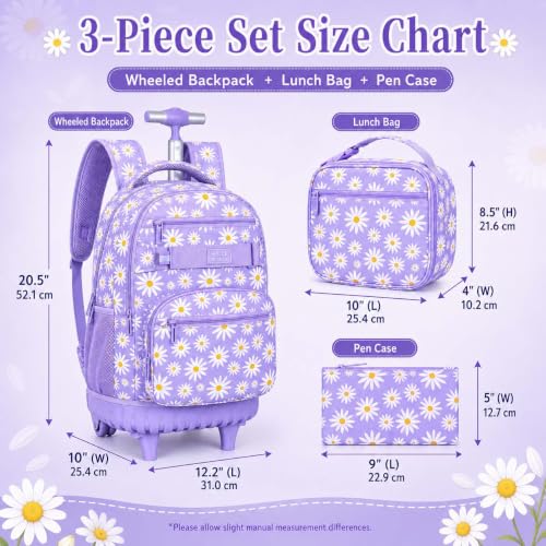 AGSDON Rolling Backpack for Girls, Women Roller Wheels Bookbag, Laptop Daisy Wheeled School Bag with Wheels for Teens - color: Daisy Purple