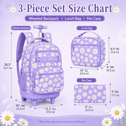 AGSDON Rolling Backpack for Girls, Women Roller Wheels Bookbag, Laptop Daisy Wheeled School Bag with Wheels for Teens - color: Daisy Purple