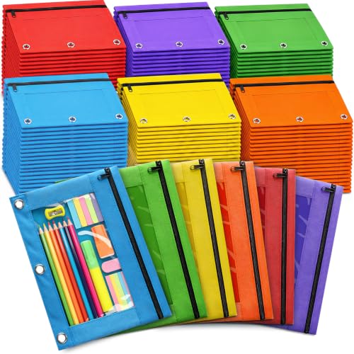 Pencil Pouch for 3 Ring Binder, 144 Pack Bulk Pencil Pouches with Zipper & Clear Window, 6 Assorted Colors Binder Pencil Case for Students, Classroom & School Supplies, Multi-Purpose Storage Bags
