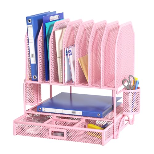 FANXIYQ Metal Desk Organizer with Sliding Drawer, 7-Section File Organizer for Desk, Desktop File Folder & Paper Organizer with 2 Hanging Pen Holders, Office Supplies Organizer, Pink - color: Pink