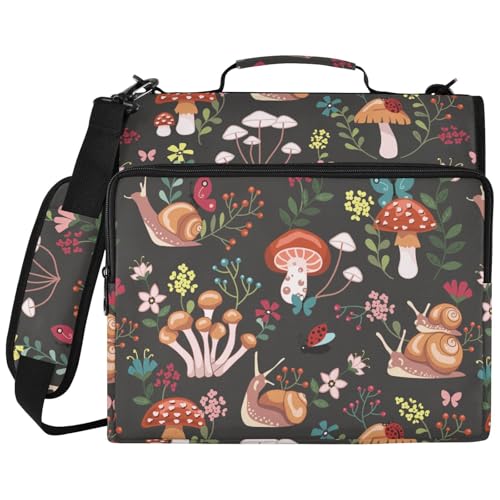Zipper Binder Mushroom Snail Butterfly Colorful Flower Bag with Shoulder Strap 3 Ring Binder Organizer Large Capacity Multiple Pockets for School Office - color: Black Mushroom