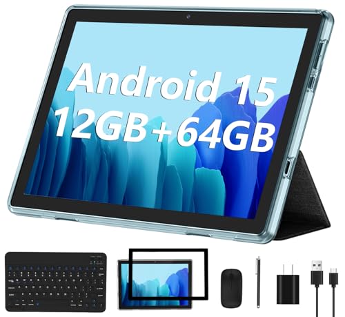 ECOPAD Android 15 Tablet, 10 Inch Tablets with Keyboard Mouse 12GB RAM + 64GB ROM +1TB Expand, 2 in 1 Tableta with WiFi 6 / Bluetooth/GMS Certified/IPS Touch Screen, Blue Set - color: Blue Set