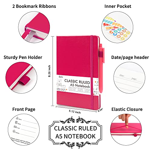 feela 24 Pack Journal Notebook for Work, Business Notebook Bulk Hardcover Lined Writing Journal with Pen Holder for Men Women Note Taking, with 24 Black Pens, 120 GSM, 5.1”x8.3”, A5, Berry - color: 24 Pack berry