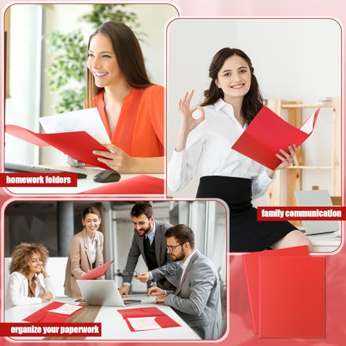 Gueevin 100 Pack Plastic Folder with Pockets, 2 Pocket Folders, Plastic Glossy Folders Fit Letter Size Paper, Heavy Duty Durable File Folder with Business Card for Home Office School (Red) - color: Red