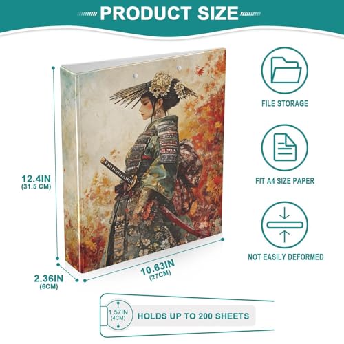 Japanese Woman Samurai 3 Ring Binder 1 Pack for 8.5" x 11" Paper 200 Sheets Capacity for Office Document Organizer Protector