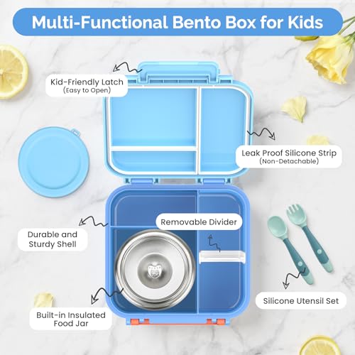 Kids Lunch Box Set with Bento Box, 9oz Stainless Steel Thermo & Insulated Lunch Bag – Hot & Cold Leakproof Lunch Container with Utensils for School & Travel - color: Blue Gamed