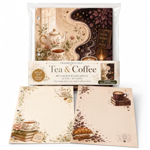 Charmfolio Duo Tea & Coffee Binder Paper, 80 College Ruled Sheets, 8.5 x 11 Inch 3 Hole Punched Loose Leaf Stationery, 40 Tea Pages + 40 Coffee Pages, Binder Paper, Besties, Back to school, Backpack
