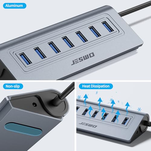 Powered USB Hub, JESWO 7-Port USB 3.0 Hub, Aluminum USB Data Hub with 3.3ft Cable, USB Hub 3.0 Powered with 5V/4A Power Adapter for MacBook, Notebook PC, USB-Flash Drives, Mobile HDD and More (Grey) - color: Grey