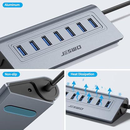 Powered USB Hub, JESWO 7-Port USB 3.0 Hub, Aluminum USB Data Hub with 3.3ft Cable, USB Hub 3.0 Powered with 5V/4A Power Adapter for MacBook, Notebook PC, USB-Flash Drives, Mobile HDD and More (Grey) - color: Grey