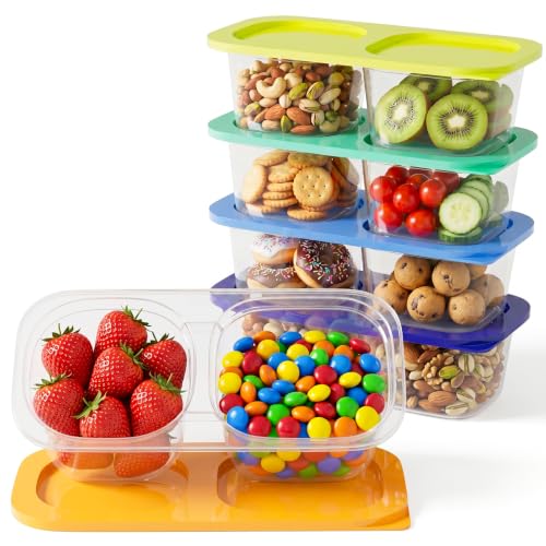 Snack Pack Containers for Kids, 5 Pack Reusable Snack Containers with Lids, 2 Compartment Small Bento Snack Box, BPA-Free Wheat Straw Lunchbox Accessories for School, Travel, Meal Prep - color: 5 Pack Gemstone Bright