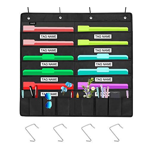 Heavy Duty 10 Pocket Door Hanging File Organizer with Name Tag Holders, Black Wall Storage Pocket Charts with 4 Hangers, Great for Classroom, School, Home or Office Use (10 Nametag Pocket) - size: 10 Nametag Pocket