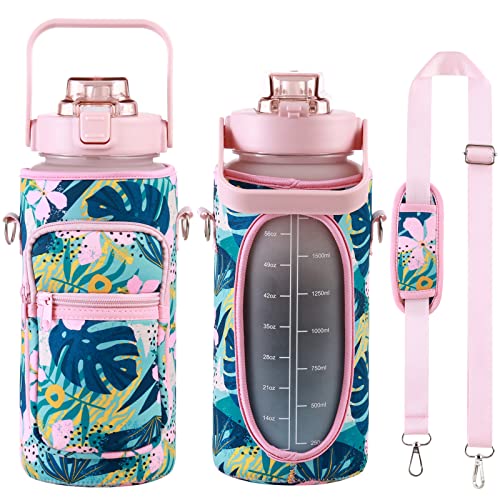RYI Half Gallon Water Bottle with Sleeve & Strap 64 OZ Motivational Water Bottles with Straw Large Wide Mouth Water Jug with Time Marker for Fitness, Gym and Outdoor Sports, Leak-proof & BPA Free - color: pink-blue/ Sleeve