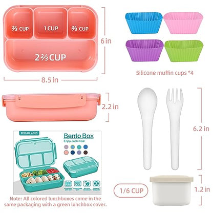 QQKO Bento Box Adult Lunch Box, Lunch Containers for Adults Men Women, Kids Lunch Boxes for School with 4 Compartments, Sauce Container, Utensils and Muffin Cups, Pink - color: Pink
