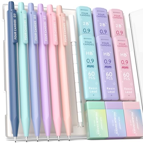 Four Candies Cute Mechanical Pencil Set, 0.9mm Bold Point, 6-Count Pack | 360 HB/2B Leads, 3 Erasers, 9 Eraser Refills, Storage Case, Triangular Grip, for Heavy Writing & Sketch - style: 6PCS 0.9 mm