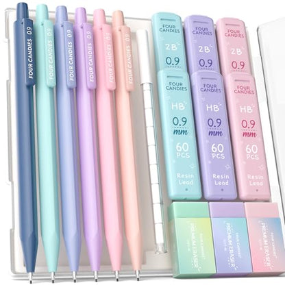 Four Candies Cute Mechanical Pencil Set, 0.9mm Bold Point, 6-Count Pack | 360 HB/2B Leads, 3 Erasers, 9 Eraser Refills, Storage Case, Triangular Grip, for Heavy Writing & Sketch - style: 6PCS 0.9 mm