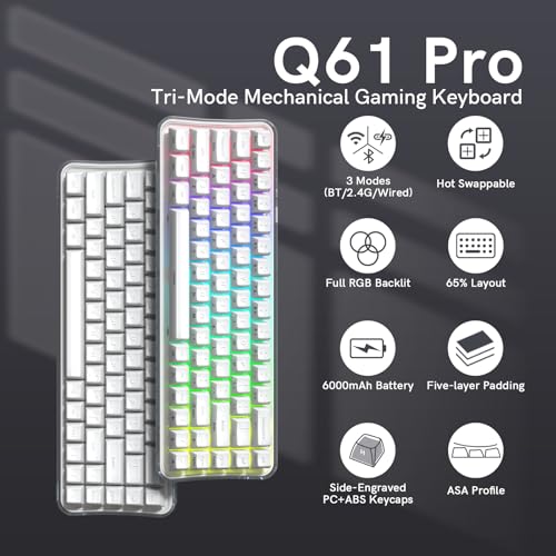Womier Q61 PRO Wireless Keyboard with RGB Backlighting, 60% Mechanical Gaming Keyboard, Hot-Swappable Creamy Keyboard for PC, BT 5.0/2.4GHz/USB C, OEM Profile, Side-Engraved PC+ABS Keycaps - White - color: White