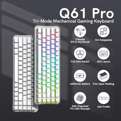 Womier Q61 PRO Wireless Keyboard with RGB Backlighting, 60% Mechanical Gaming Keyboard, Hot-Swappable Creamy Keyboard for PC, BT 5.0/2.4GHz/USB C, OEM Profile, Side-Engraved PC+ABS Keycaps - White - color: White